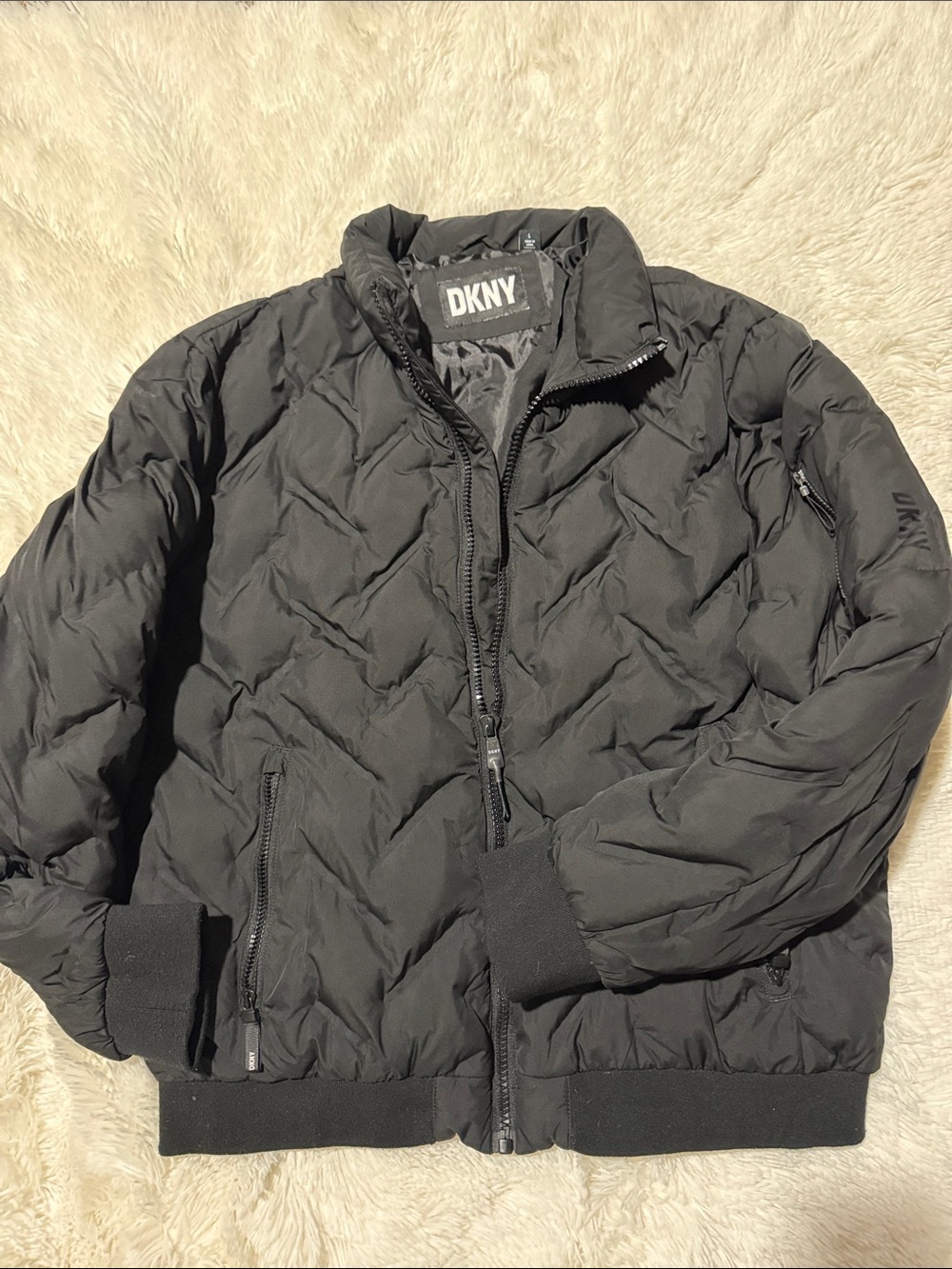 DKNY Men's Black Quilted Puffer Jacket with Stand Collar